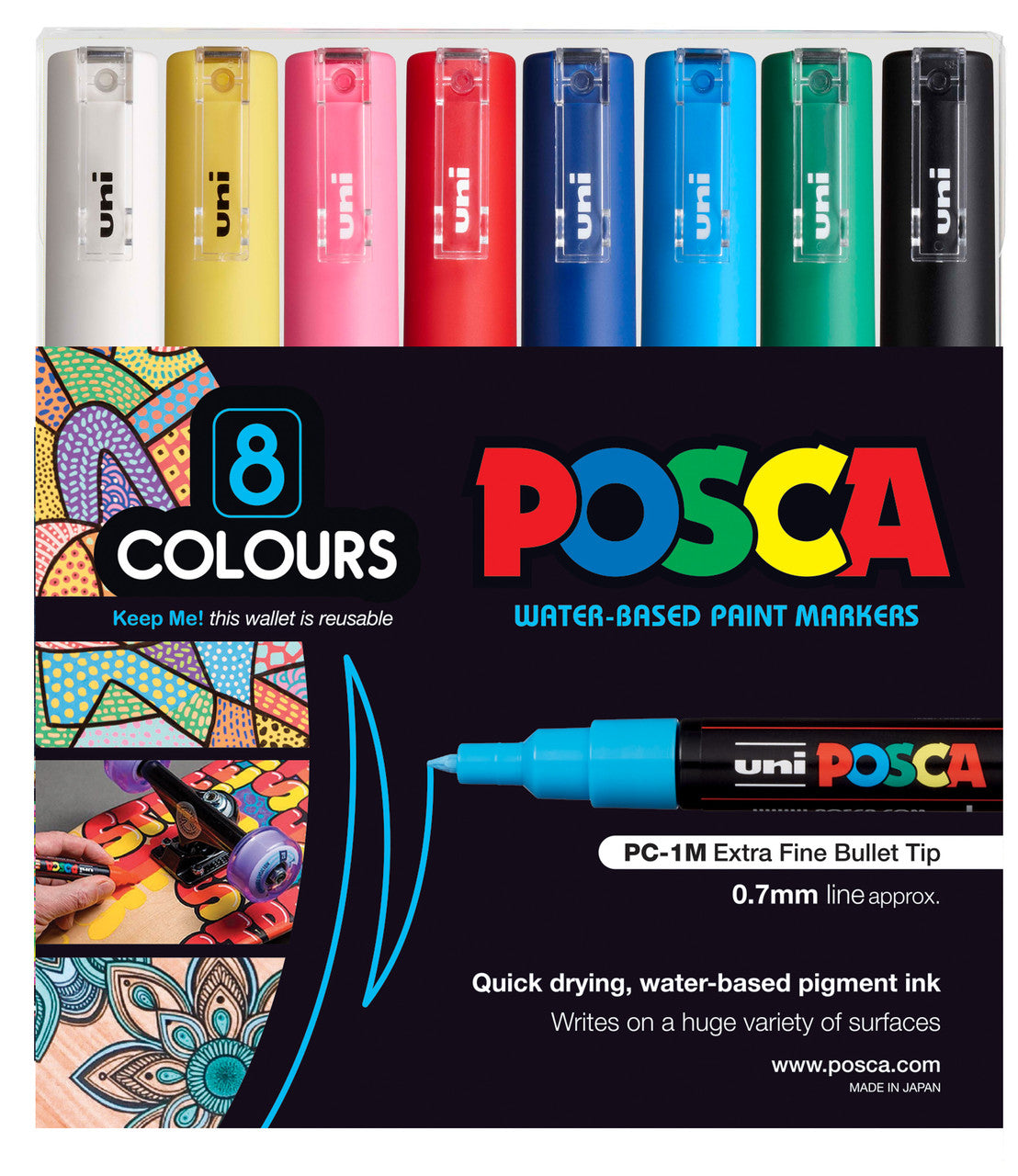 POSCA PC1M Paint Marking Pen - ASSORTED COLOURS - Set of 8