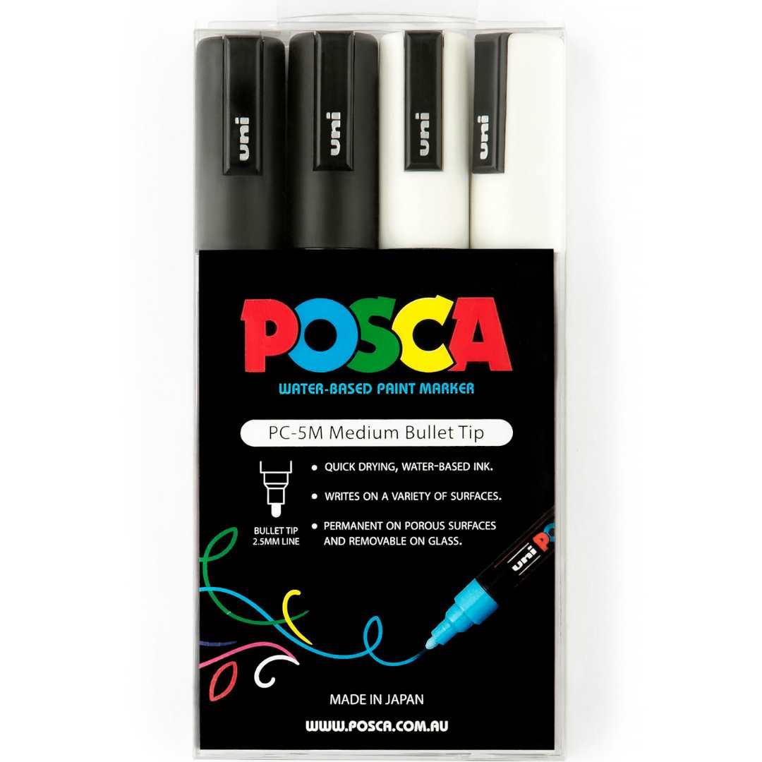 POSCA PC5M Paint Marking Pen - BLACK & WHITE - Set of 4