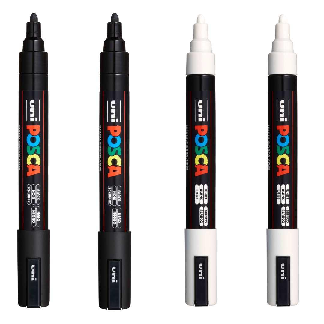 POSCA PC5M Paint Marking Pen - BLACK & WHITE - Set of 4