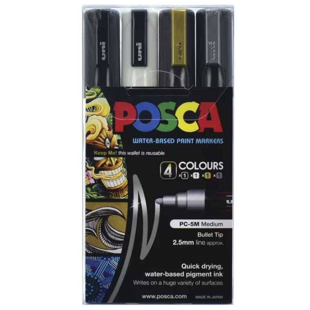 POSCA PC5M Paint Marking Pen - Black, White, Gold Silver - Set of 4