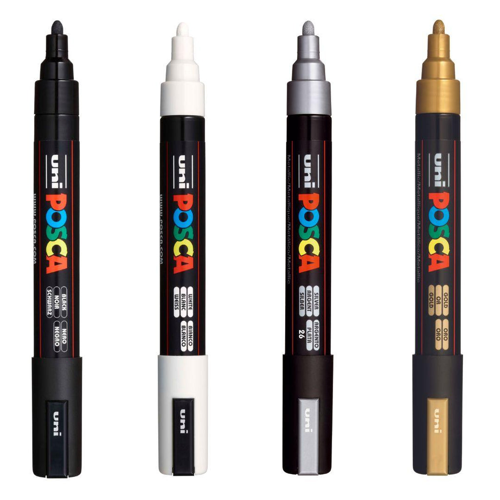 POSCA PC5M Paint Marking Pen - Black, White, Gold Silver - Set of 4