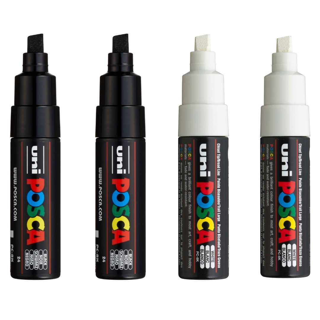POSCA PC8K Paint Marking Pen - BLACK & WHITE - 4 Pack